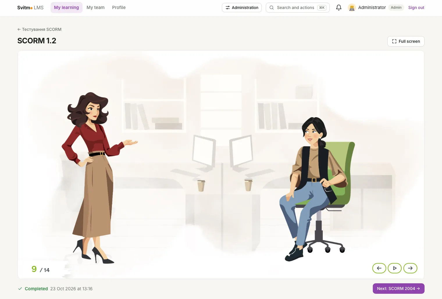 Un curso SCORM en el reproductor de Svitmo LMS: completado, con un botón a la siguiente actividad